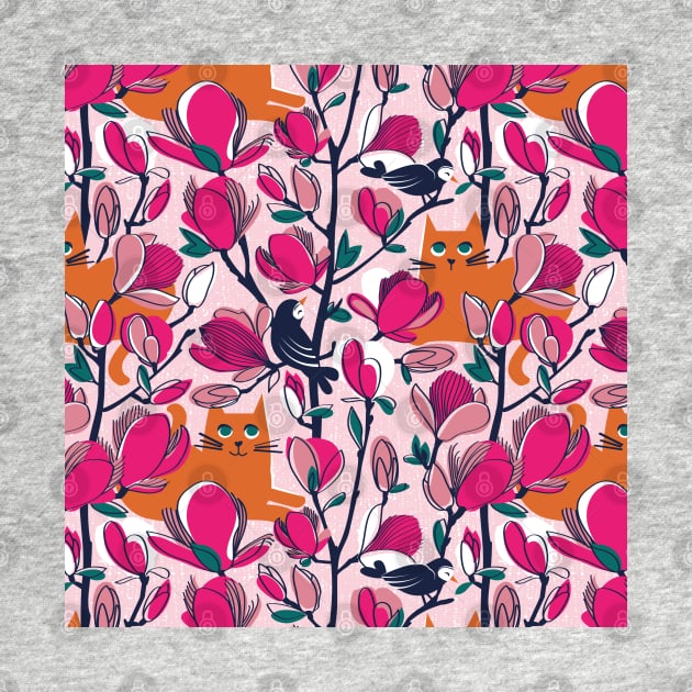 Hello Spring! // pattern // pastel pink background orange tabby cat fuchsia pink Magnolia full bloom navy blue branches birds and lines by SelmaCardoso